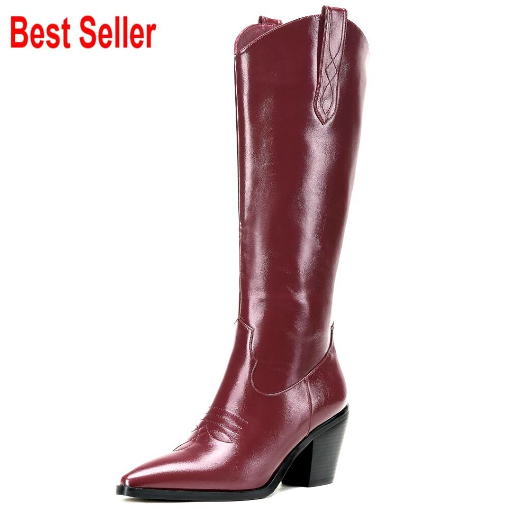 PU Leather Knee High Cowboy Boots with Chunky Heel Side Zipper